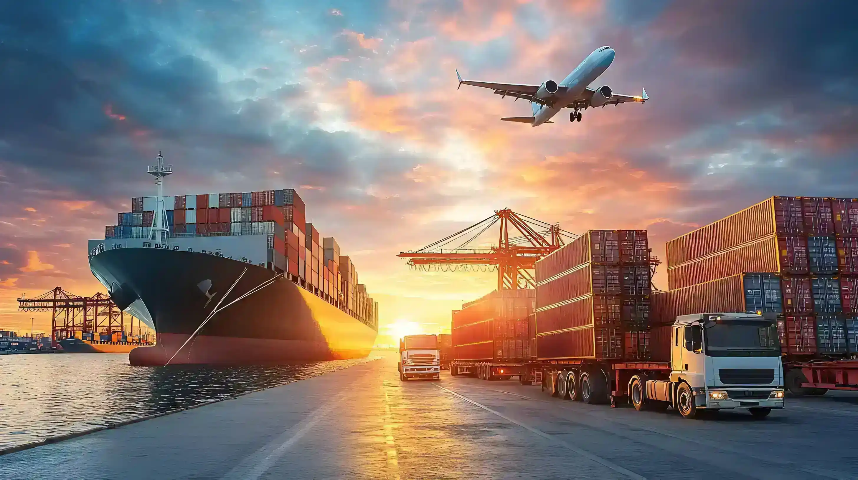 Imports and exports management with container ship and port