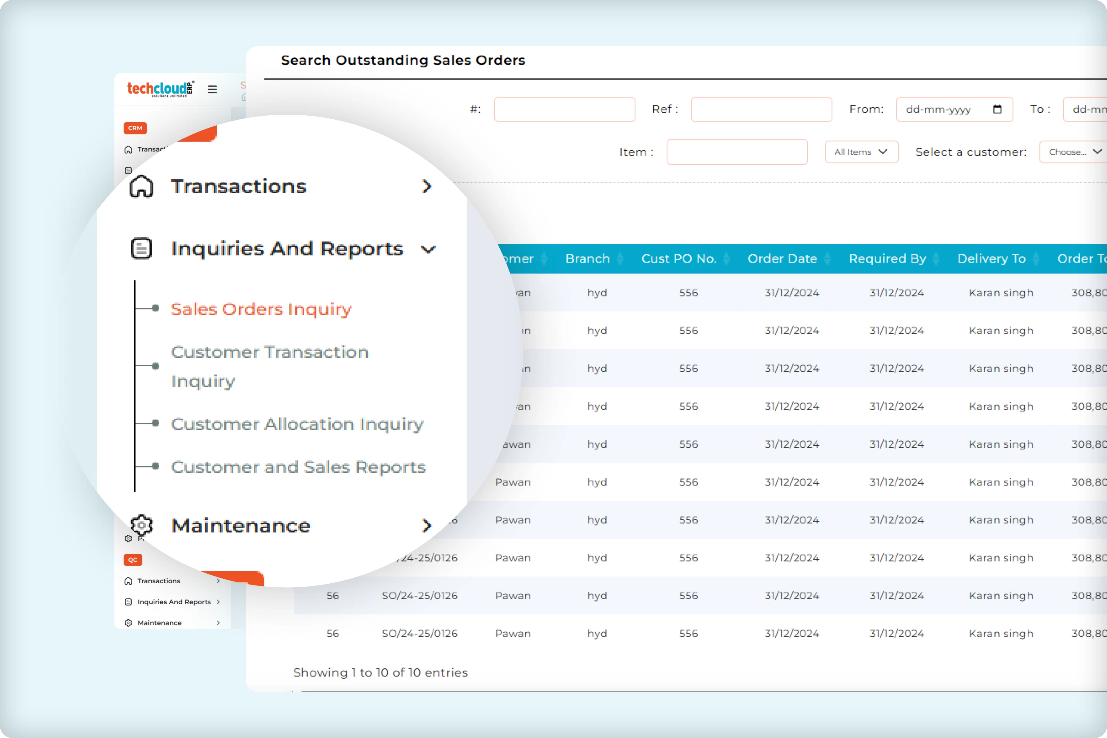 ERP dashboard sales order delivery